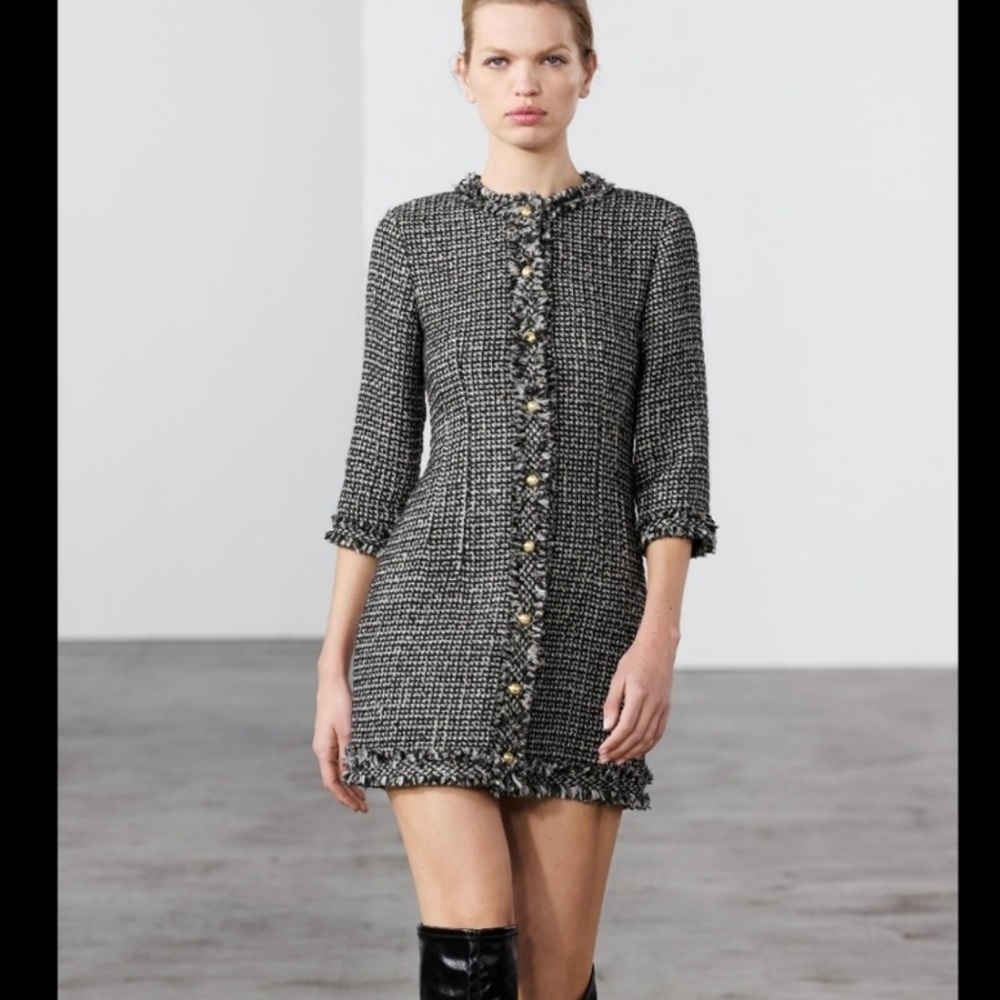 Zara Black White Tweed Mini Dress 3/4 Sleeves Size Small Cotton Wool Blend